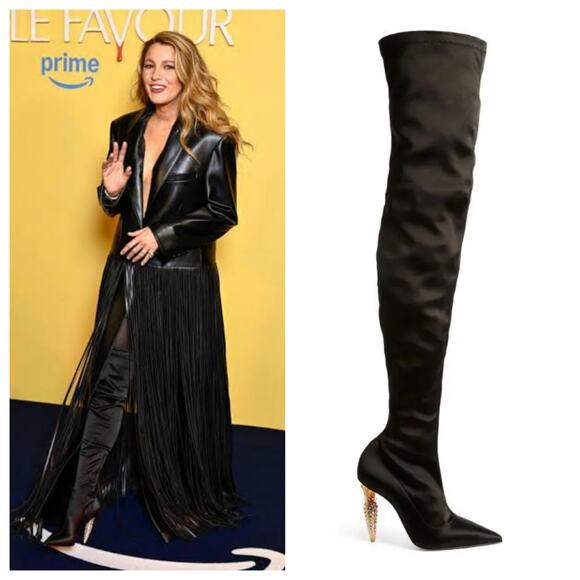 Christian Louboutin Black Lipstrass Botta Alta Satin Thigh Boots 100 - Picture 1 of 16